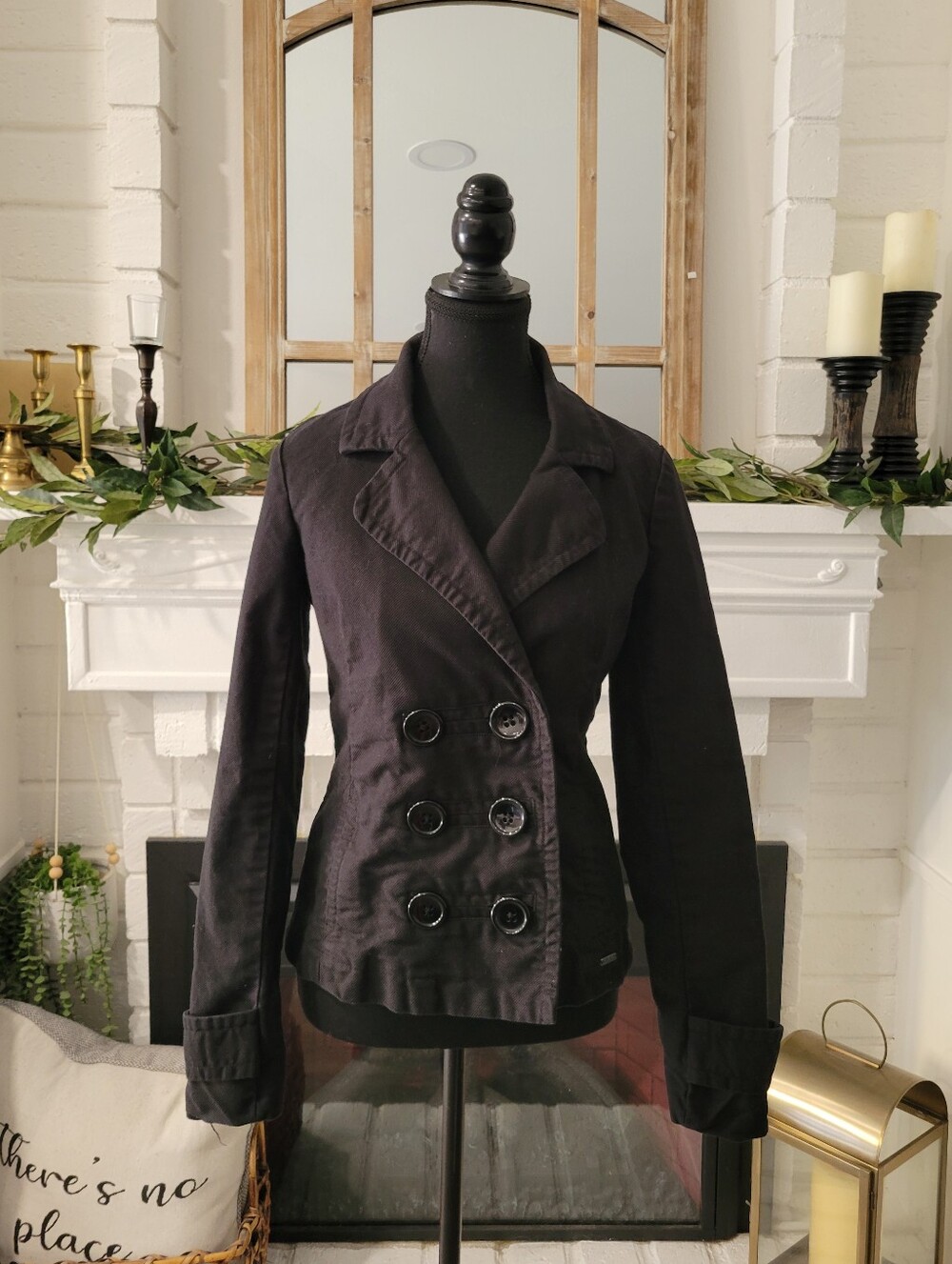 Roxy Black Double-Breasted Fitted Academia Y2k  100% Cotton Jacket Size Small